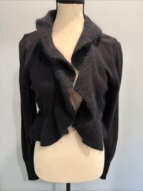 White House Black Market Black Fuzzy Ruffled Open-Front Sweater Shrug